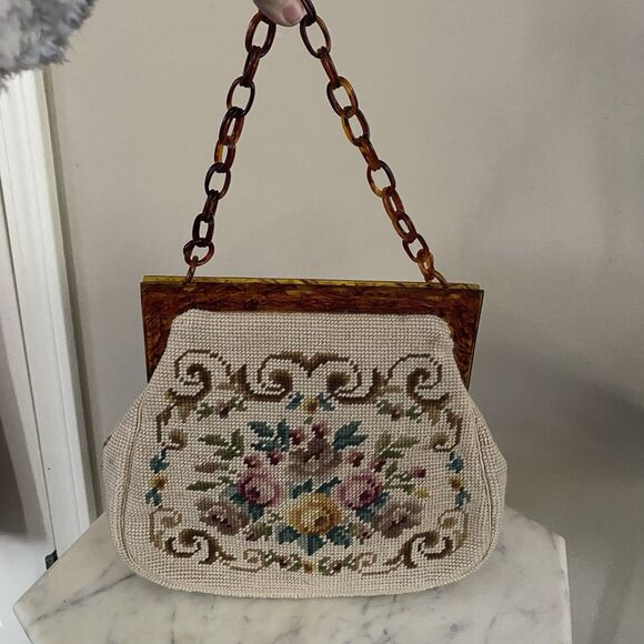 Vintage Handbag Needlepoint Floral Tortoise Handle Strap Mirror Comb Coin Purse - Picture 3 of 16